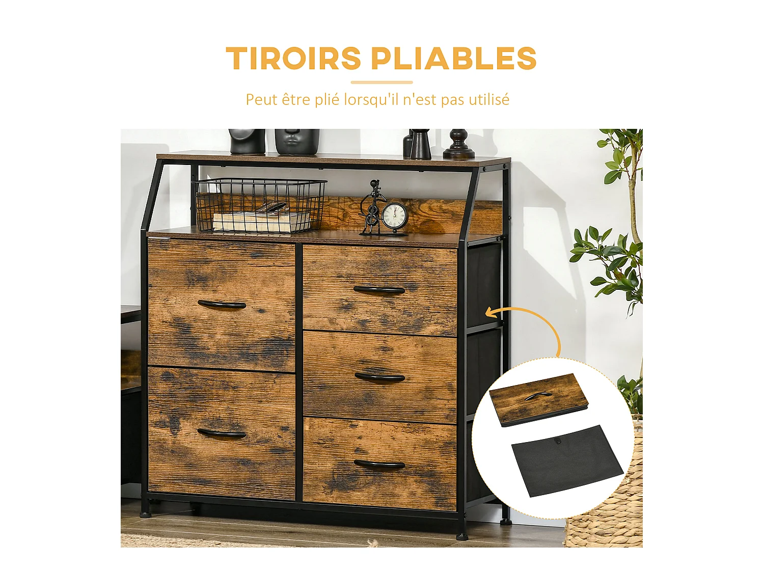 Buffet design industriel - 5 tiroirs, niche, étagère - châssis acier noir MDF aspect bois avec veinage