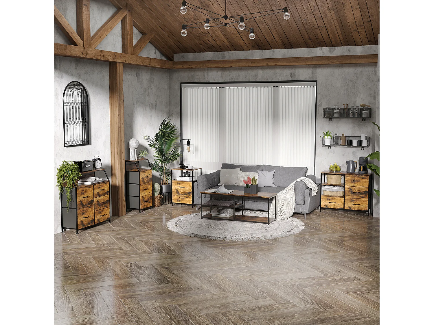 Buffet design industriel - 5 tiroirs, niche, étagère - châssis acier noir MDF aspect bois avec veinage