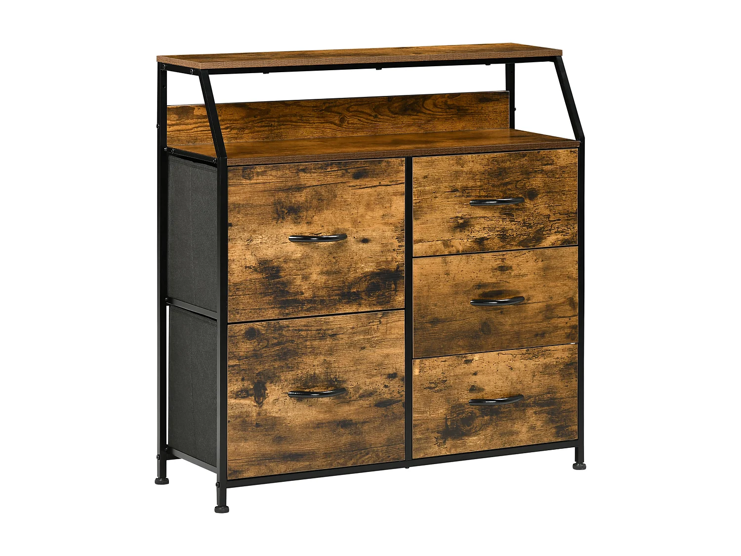 Buffet design industriel - 5 tiroirs, niche, étagère - châssis acier noir MDF aspect bois avec veinage