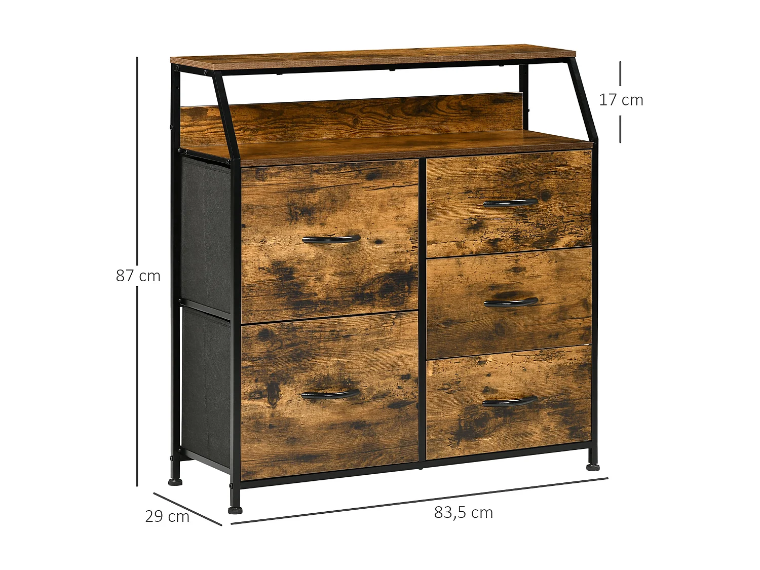 Buffet design industriel - 5 tiroirs, niche, étagère - châssis acier noir MDF aspect bois avec veinage