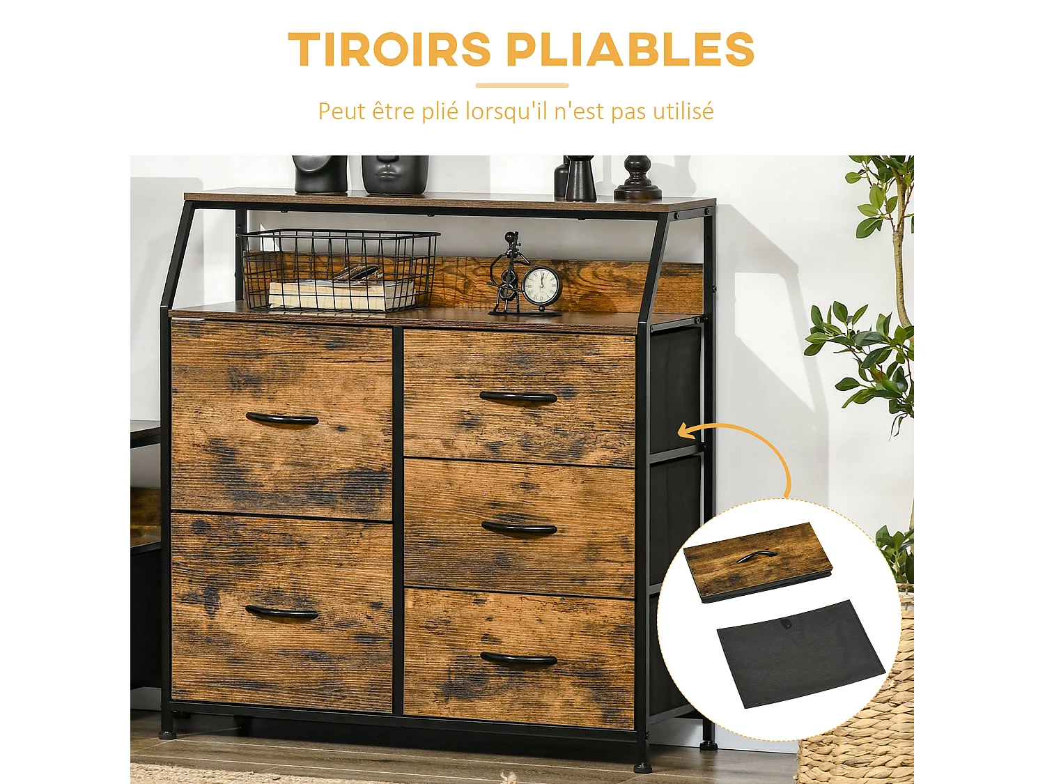 Buffet design industriel - 5 tiroirs, niche, étagère - châssis acier noir MDF aspect bois avec veinage