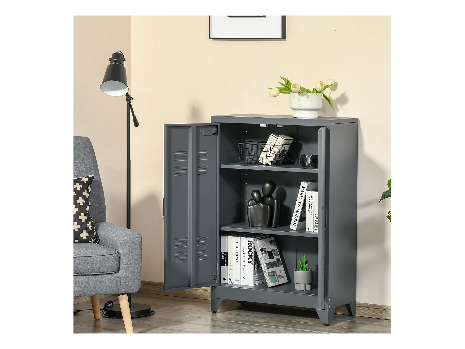 Armoire de rangement métal design industriel - 2 étagères - structure piètement tôle métal gris anthracite