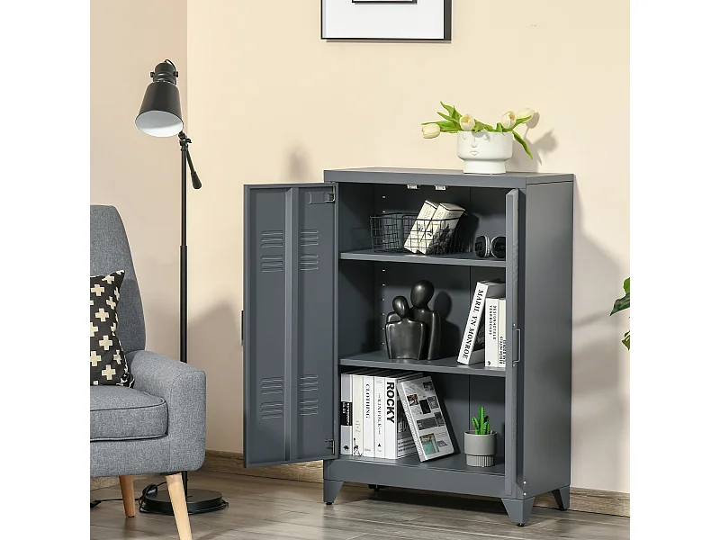 Armoire de rangement métal design industriel - 2 étagères - structure piètement tôle métal gris anthracite