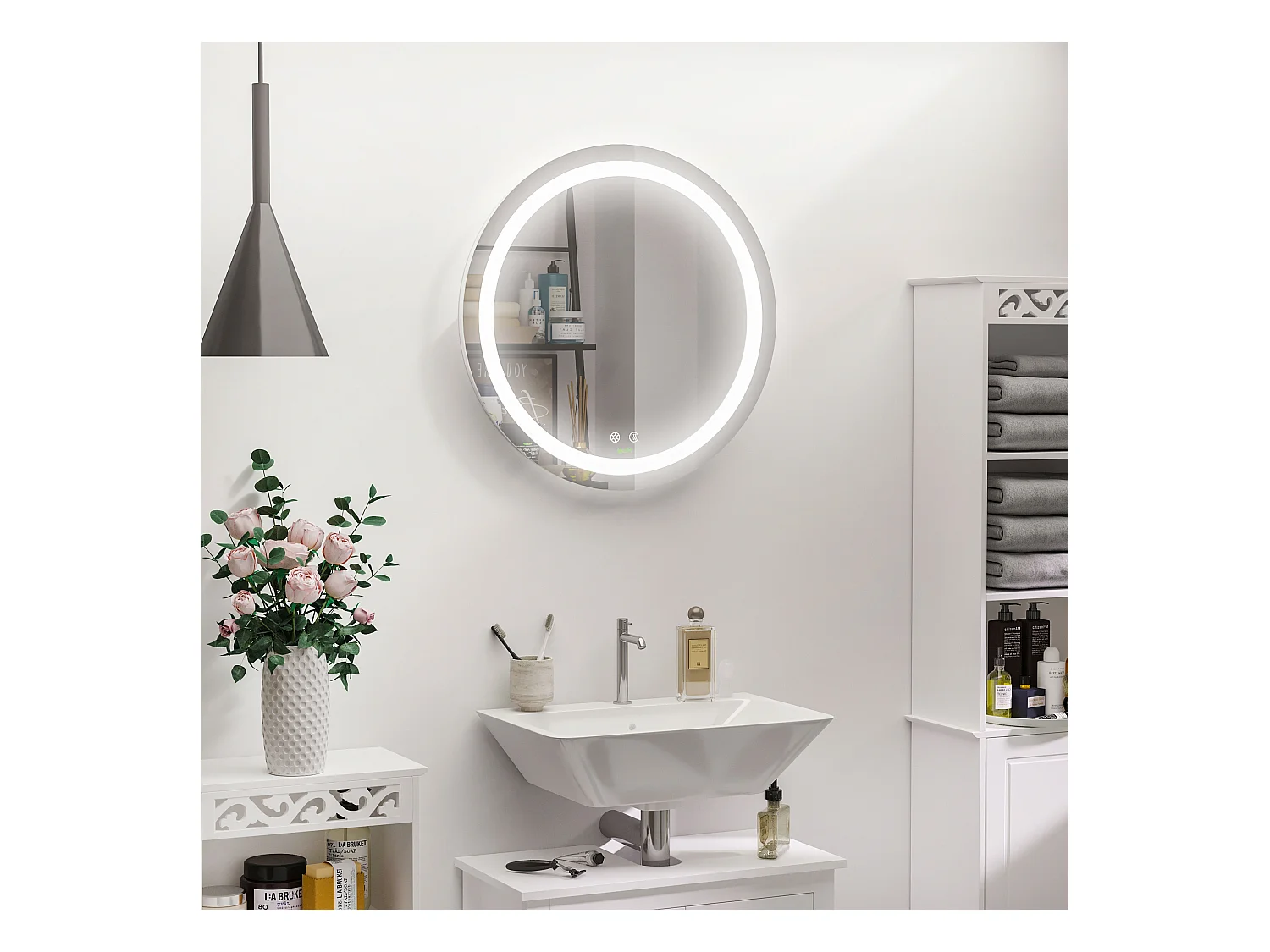 Miroir salle de bain lumineux LED 35 W - dim. Ø 60 x 4H cm - fonction anti-buée, interrupteur tactile, luminosité réglable - alu. verre