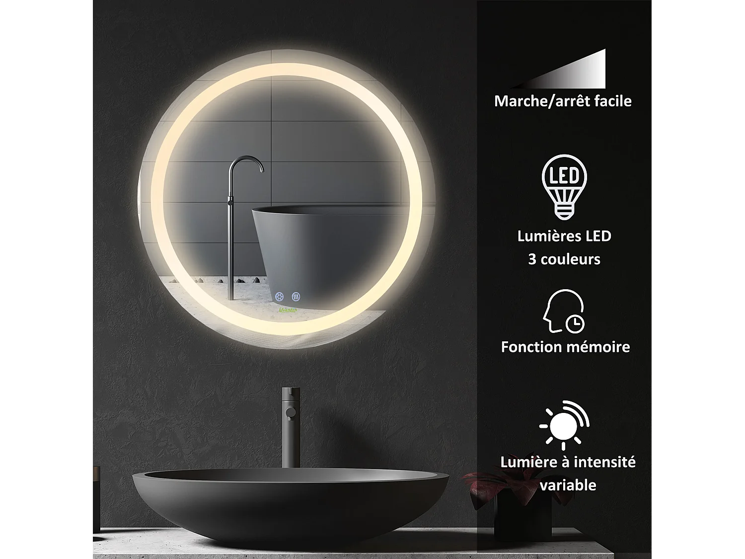 Miroir salle de bain lumineux LED 35 W - dim. Ø 60 x 4H cm - fonction anti-buée, interrupteur tactile, luminosité réglable - alu. verre