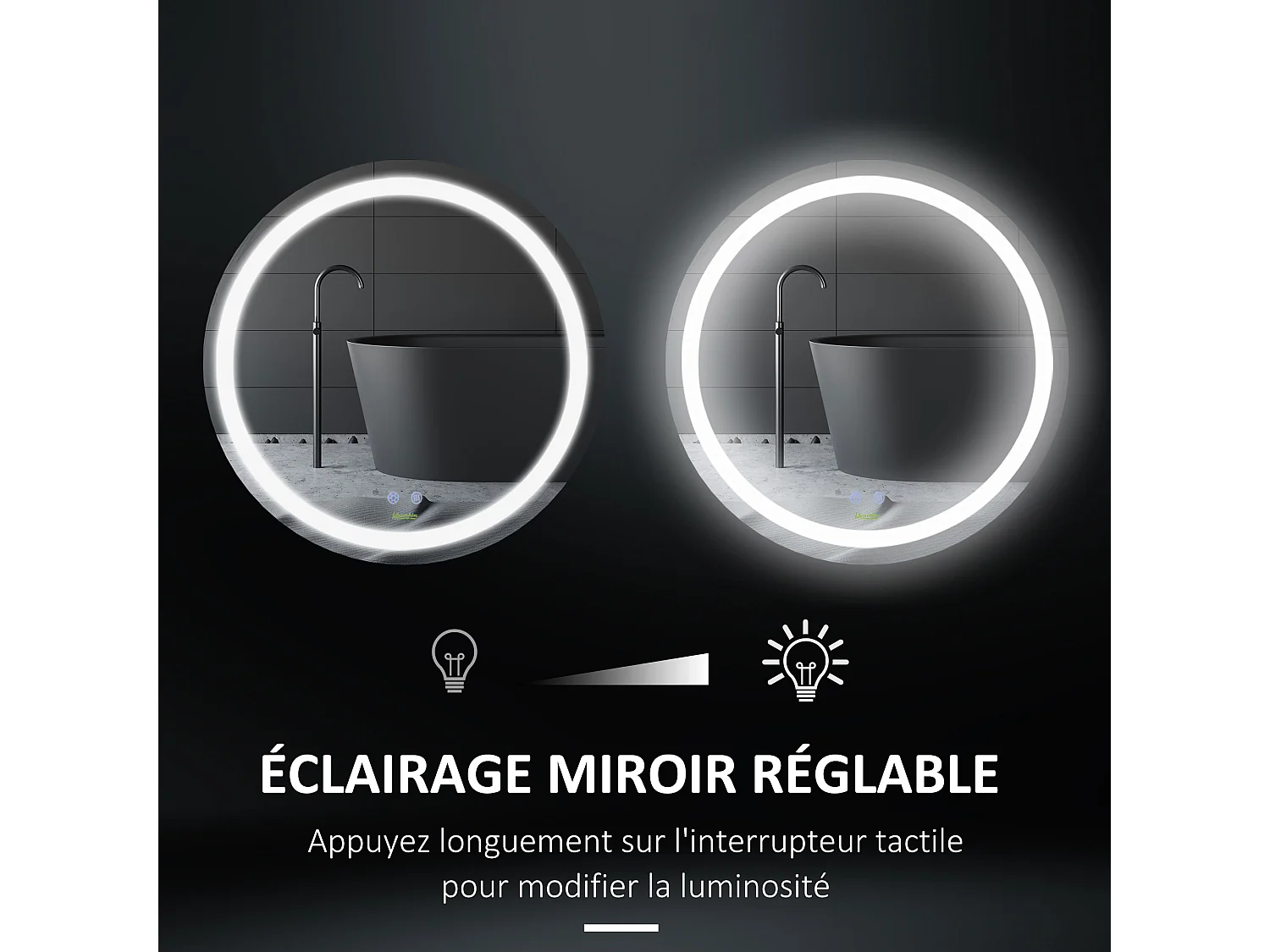 Miroir salle de bain lumineux LED 35 W - dim. Ø 60 x 4H cm - fonction anti-buée, interrupteur tactile, luminosité réglable - alu. verre