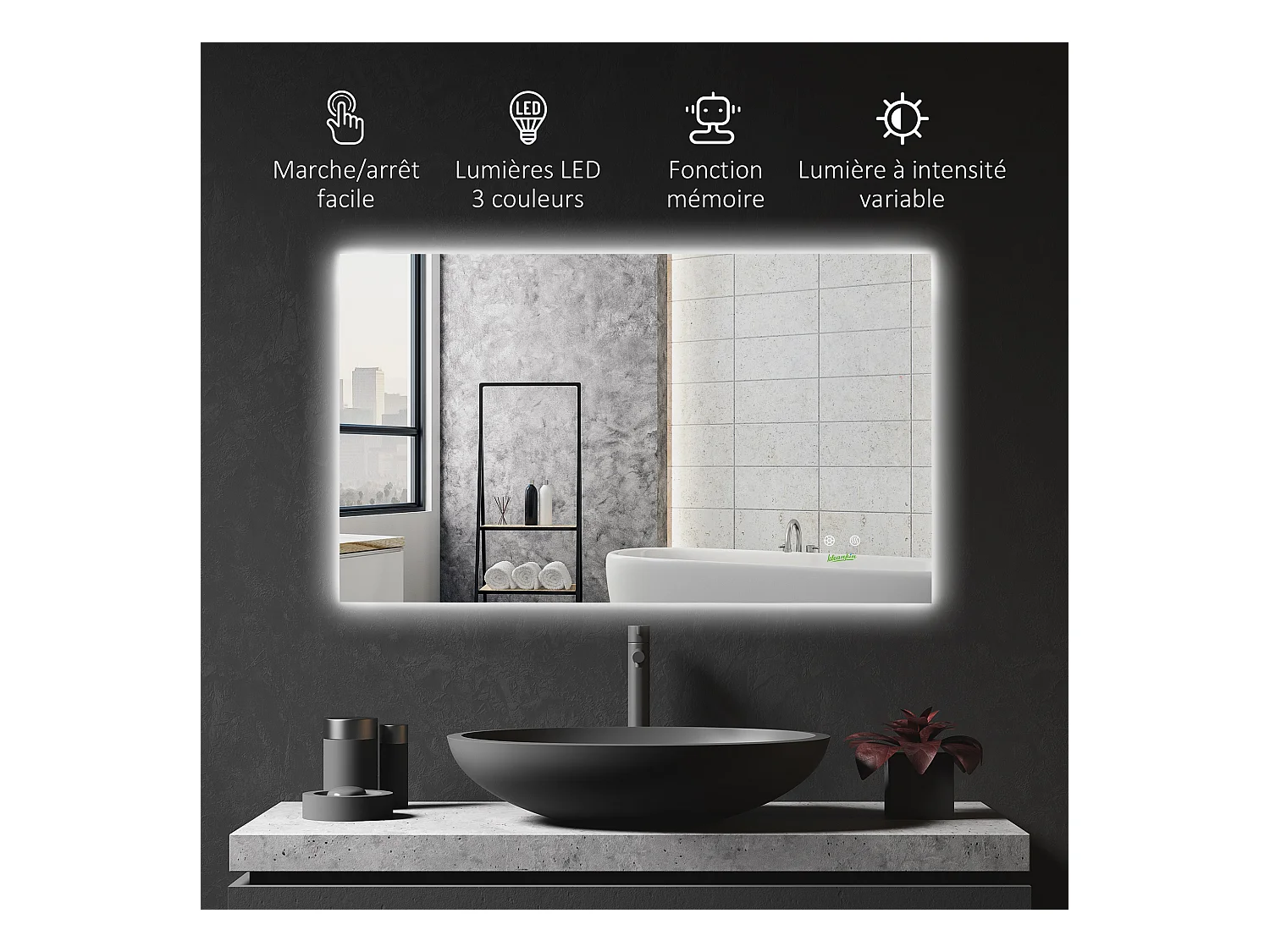 Miroir salle de bain lumineux LED 42 W - dim. 90L x 3l x 60H cm - fonction anti-buée, interrupteur tactile, luminosité réglable - alu. verre