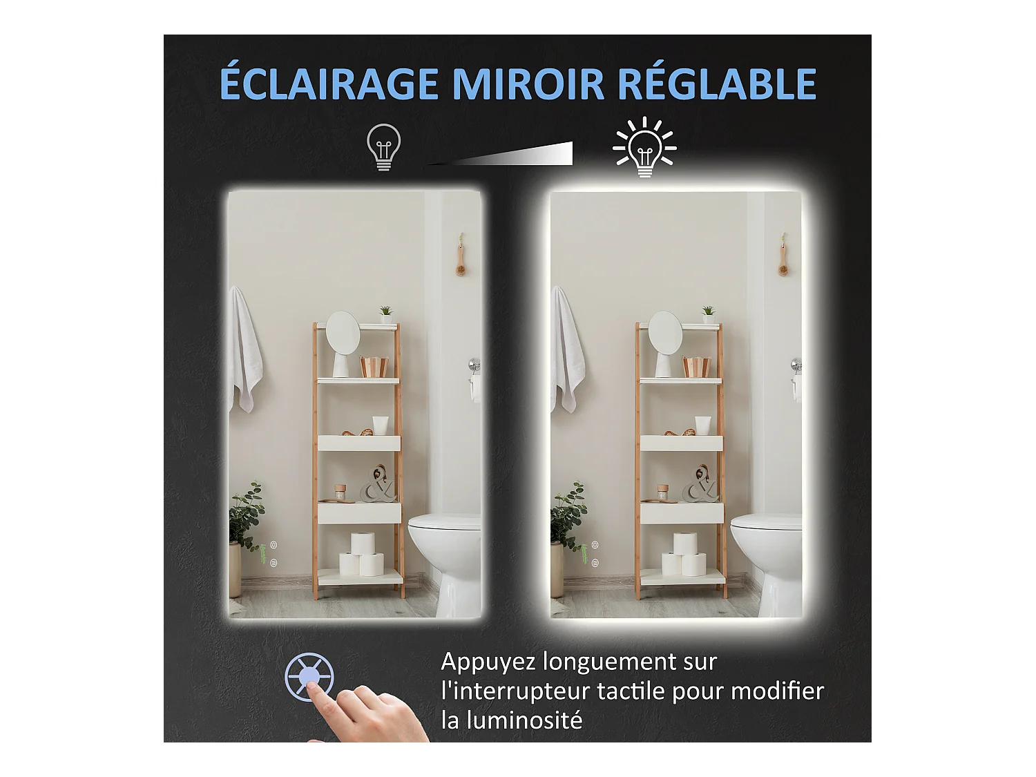 Miroir salle de bain lumineux LED 42 W - dim. 90L x 3l x 60H cm - fonction anti-buée, interrupteur tactile, luminosité réglable - alu. verre