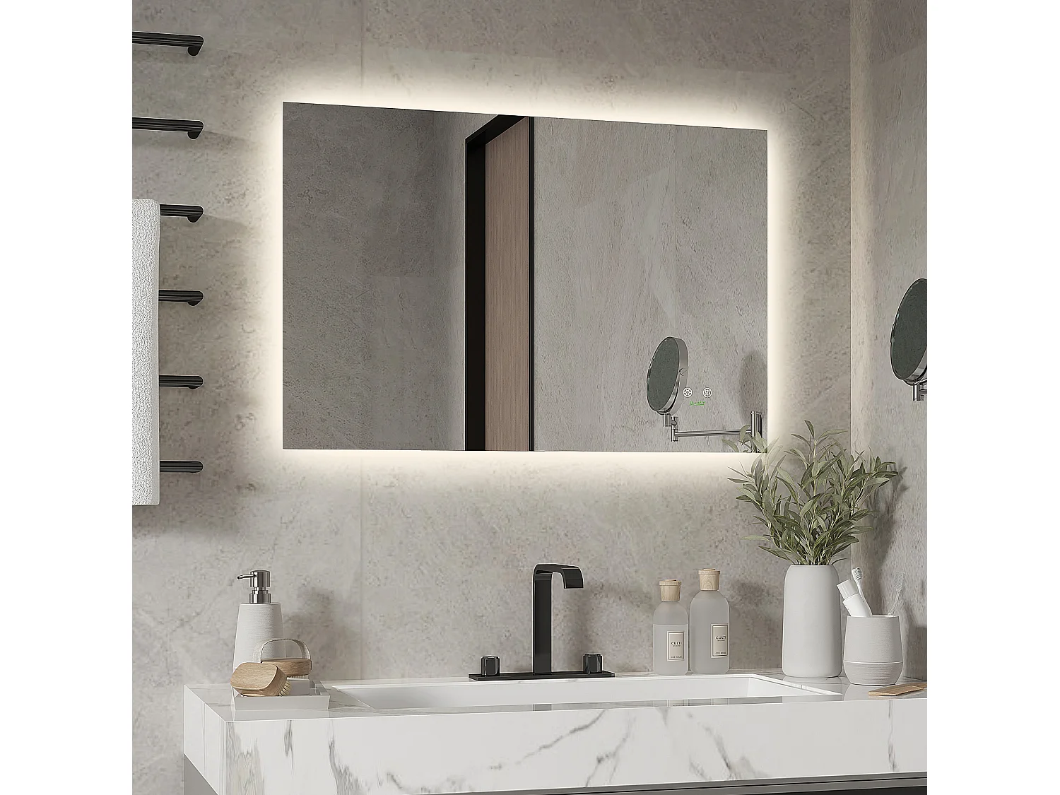 Miroir salle de bain lumineux LED 42 W - dim. 90L x 3l x 60H cm - fonction anti-buée, interrupteur tactile, luminosité réglable - alu. verre