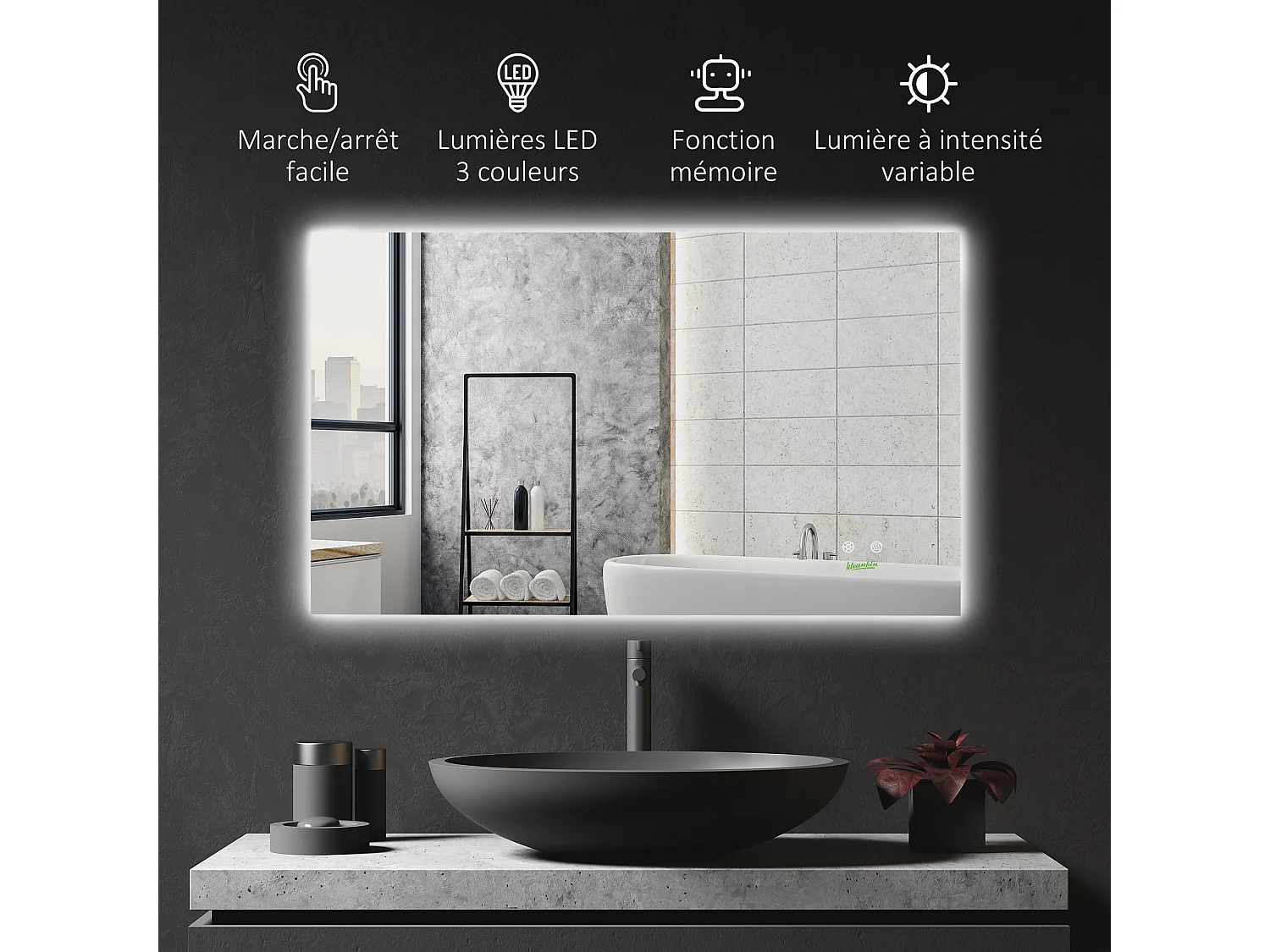 Miroir salle de bain lumineux LED 42 W - dim. 90L x 3l x 60H cm - fonction anti-buée, interrupteur tactile, luminosité réglable - alu. verre