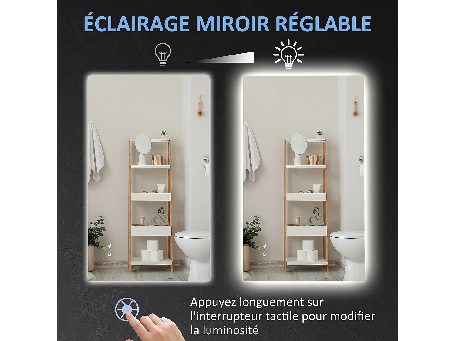 Miroir salle de bain lumineux LED 42 W - dim. 90L x 3l x 60H cm - fonction anti-buée, interrupteur tactile, luminosité réglable - alu. verre