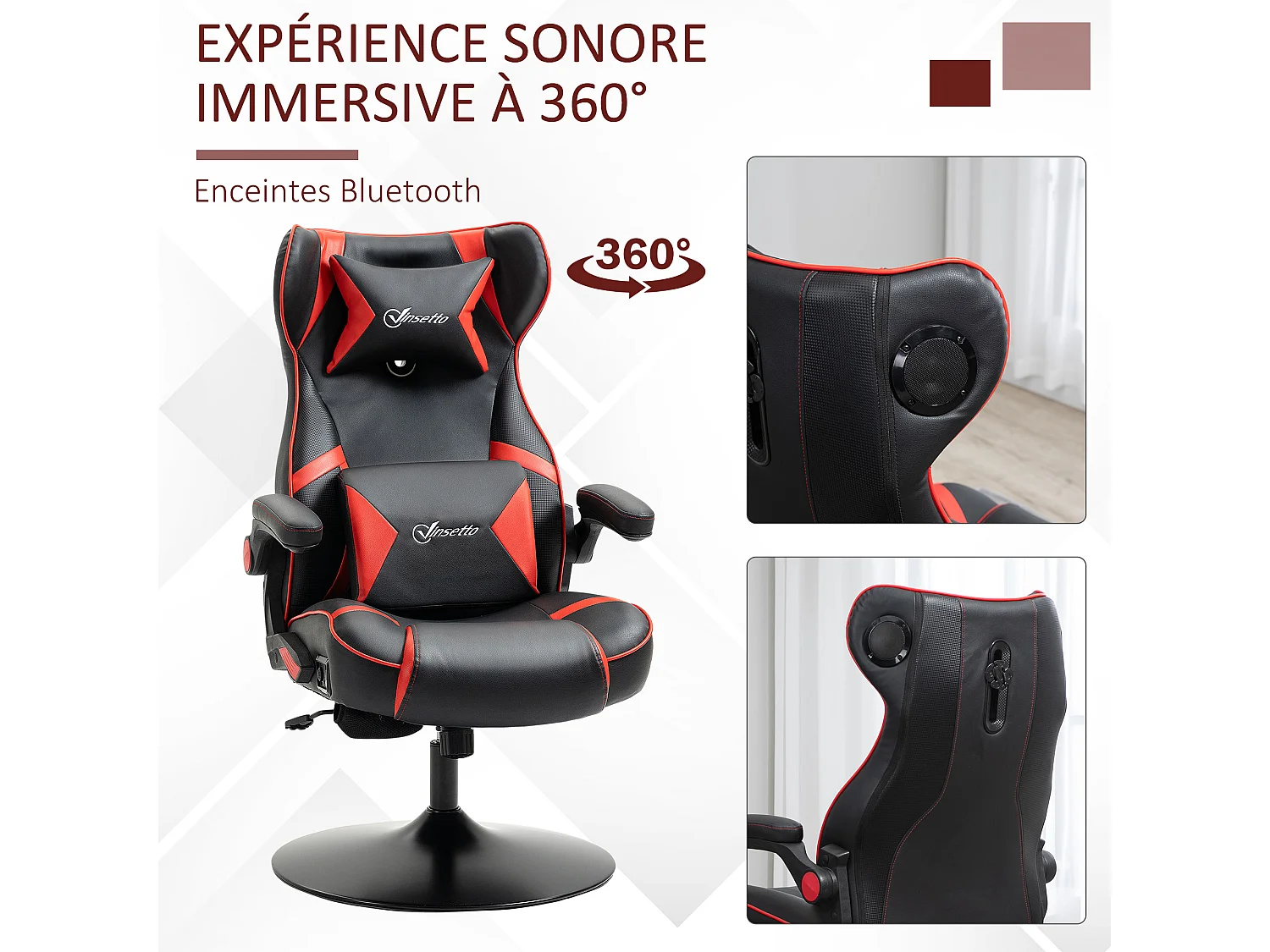 Fauteuil gaming fauteuil de bureau gamer fonction audio pivotant réglable accoudoirs relevables rouge noir