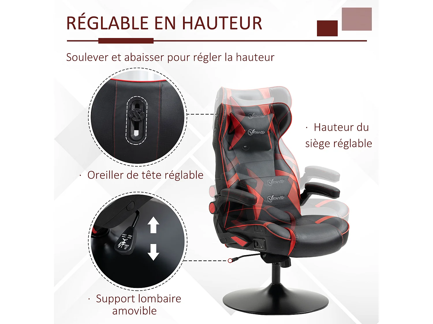 Fauteuil gaming fauteuil de bureau gamer fonction audio pivotant réglable accoudoirs relevables rouge noir