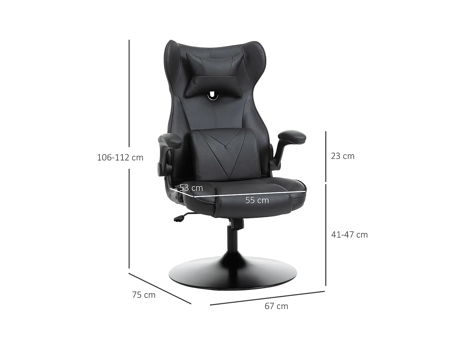 Vinsetto Fauteuil gaming fauteuil de bureau gaming base ronde métal pivotante 360° hauteur réglable coussins intégrés revêtement synthétique noir
