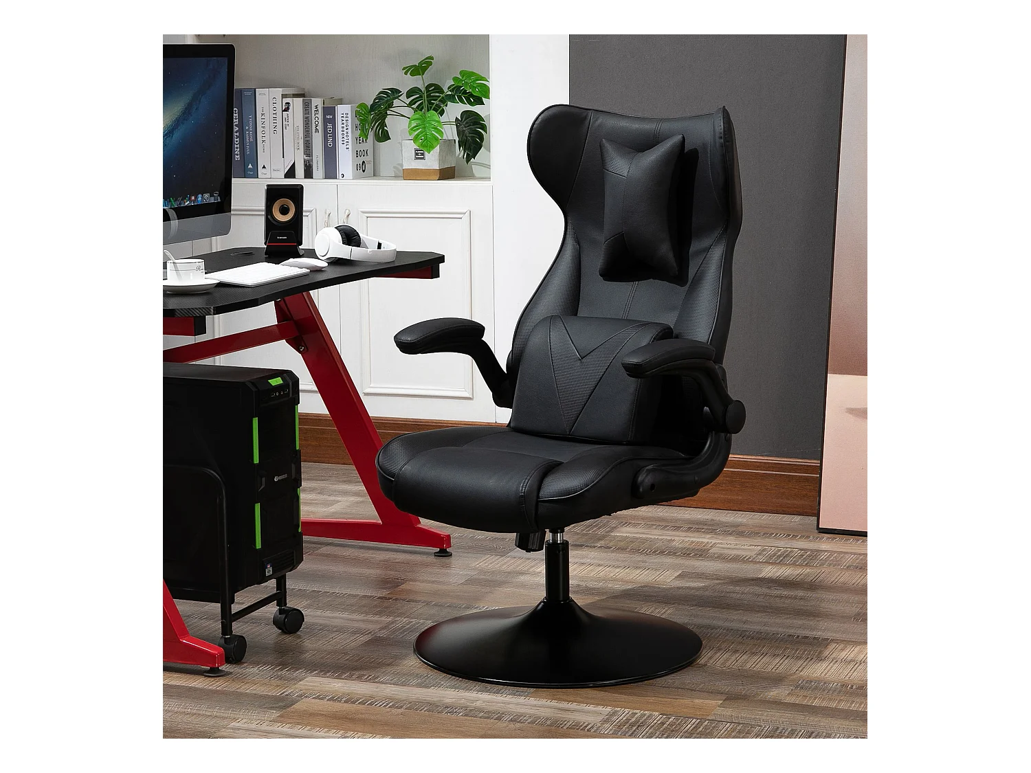 Vinsetto Fauteuil gaming fauteuil de bureau gaming base ronde métal pivotante 360° hauteur réglable coussins intégrés revêtement synthétique noir