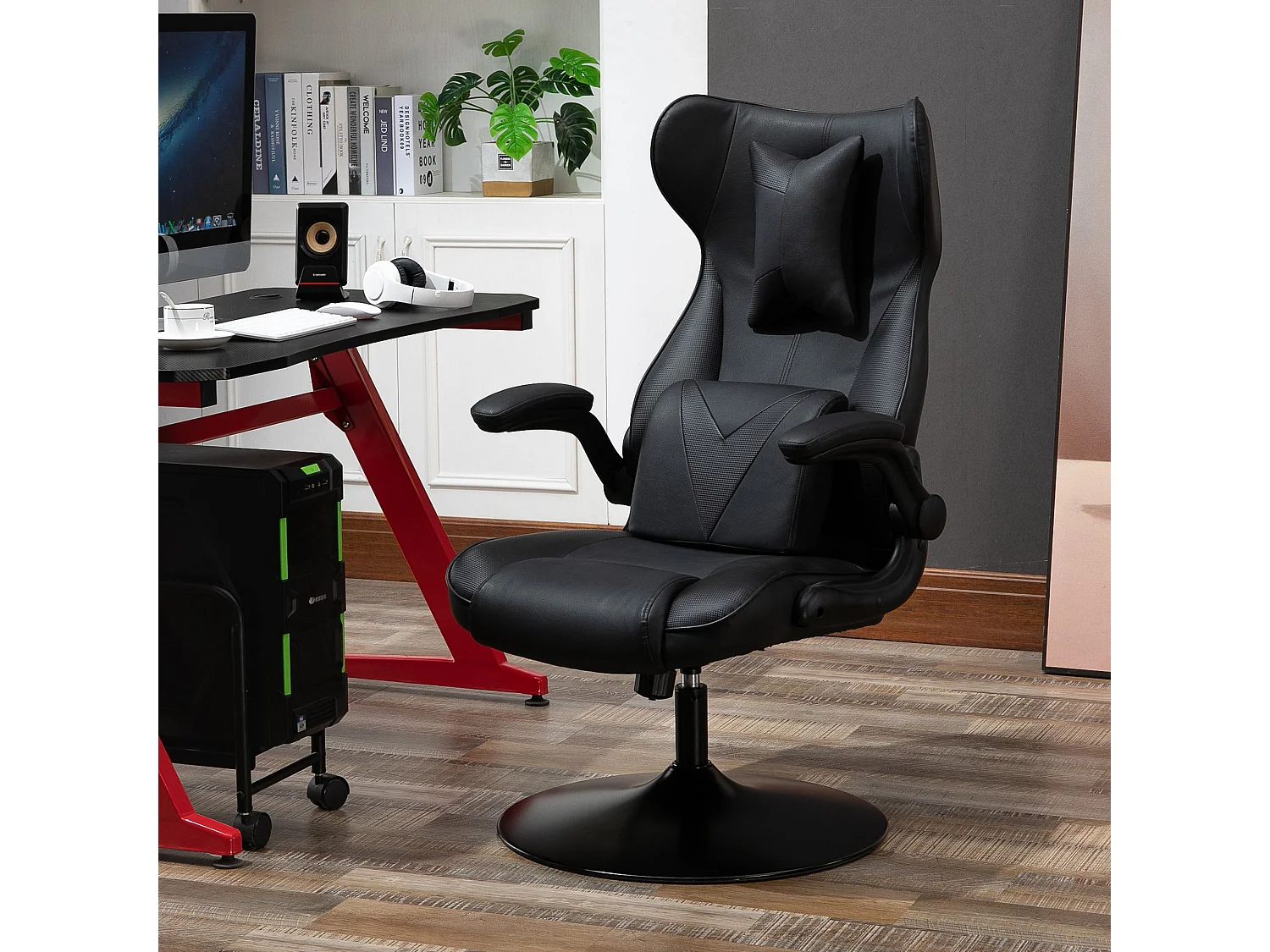 Vinsetto Fauteuil gaming fauteuil de bureau gaming base ronde métal pivotante 360° hauteur réglable coussins intégrés revêtement synthétique noir