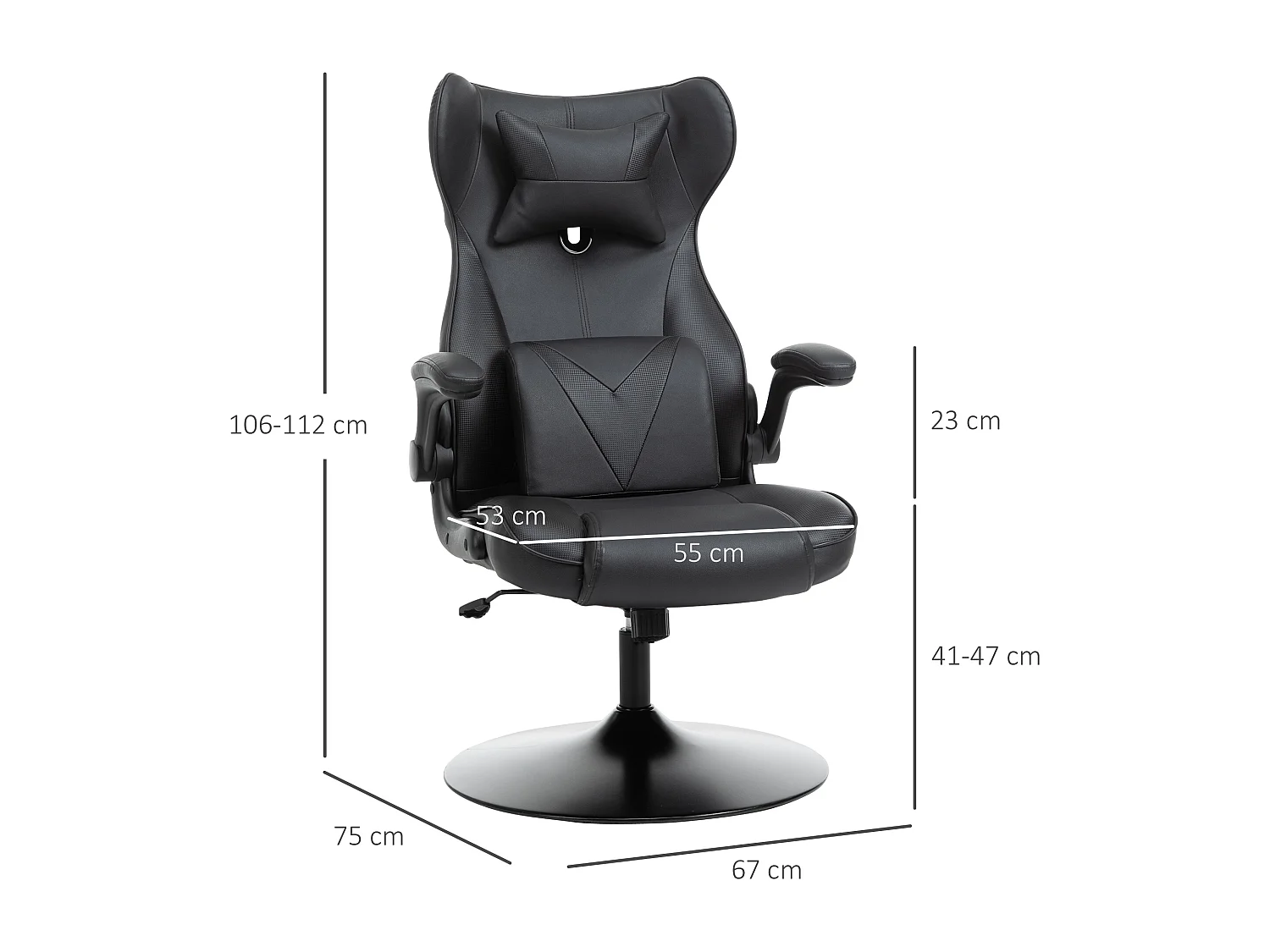 Vinsetto Fauteuil gaming fauteuil de bureau gaming base ronde métal pivotante 360° hauteur réglable coussins intégrés revêtement synthétique noir