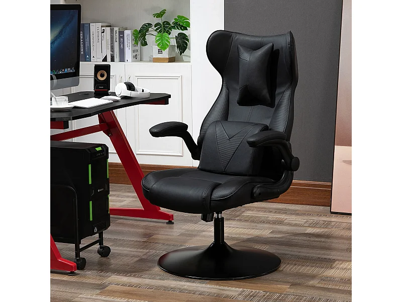 Vinsetto Fauteuil gaming fauteuil de bureau gaming base ronde métal pivotante 360° hauteur réglable coussins intégrés revêtement synthétique noir