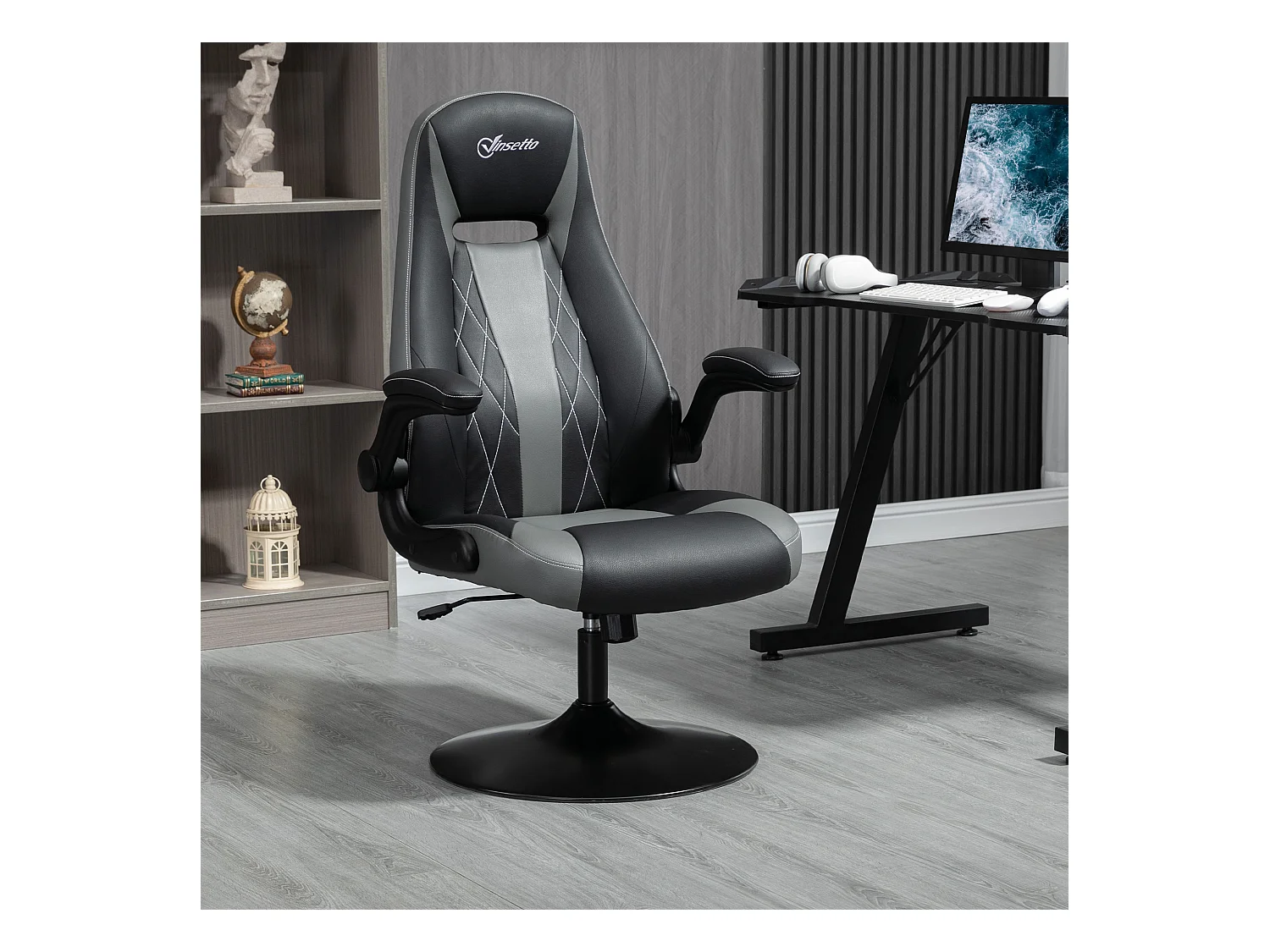 Fauteuil gaming base ronde métal pivotante 360° hauteur réglable fonction dossier bascule accoudoirs relevables PU gris noir