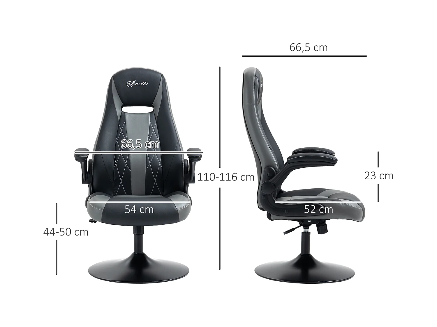 Fauteuil gaming base ronde métal pivotante 360° hauteur réglable fonction dossier bascule accoudoirs relevables PU gris noir