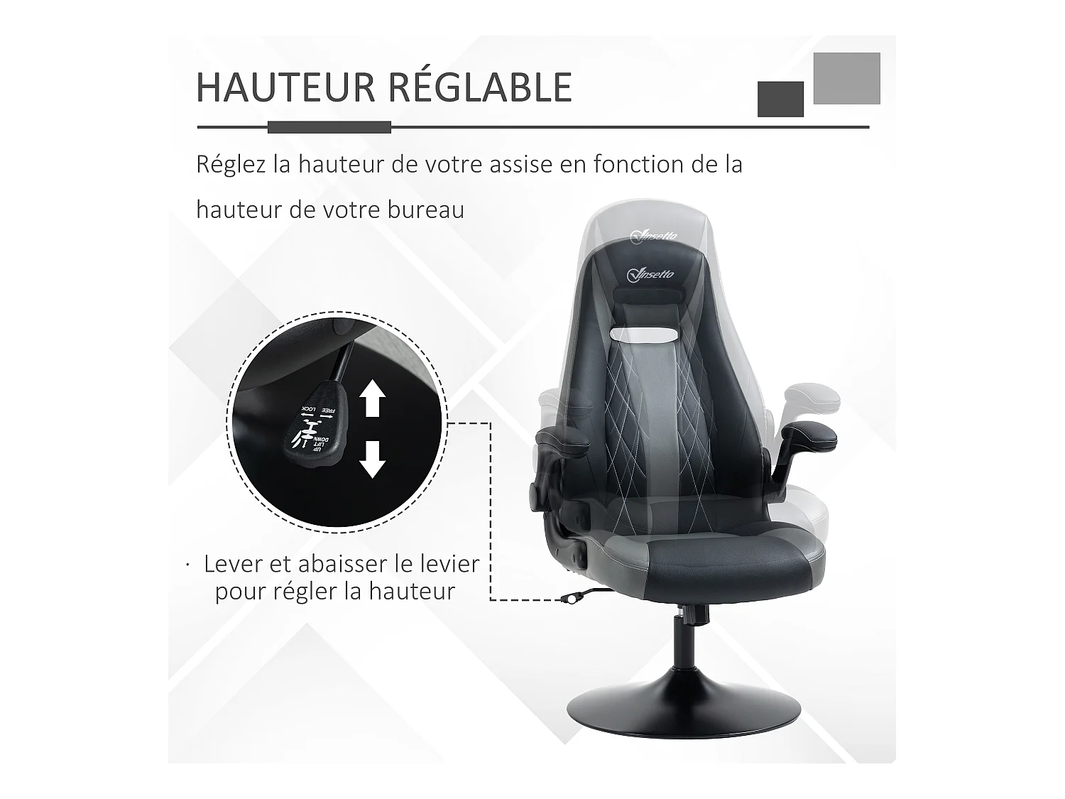 Fauteuil gaming base ronde métal pivotante 360° hauteur réglable fonction dossier bascule accoudoirs relevables PU gris noir