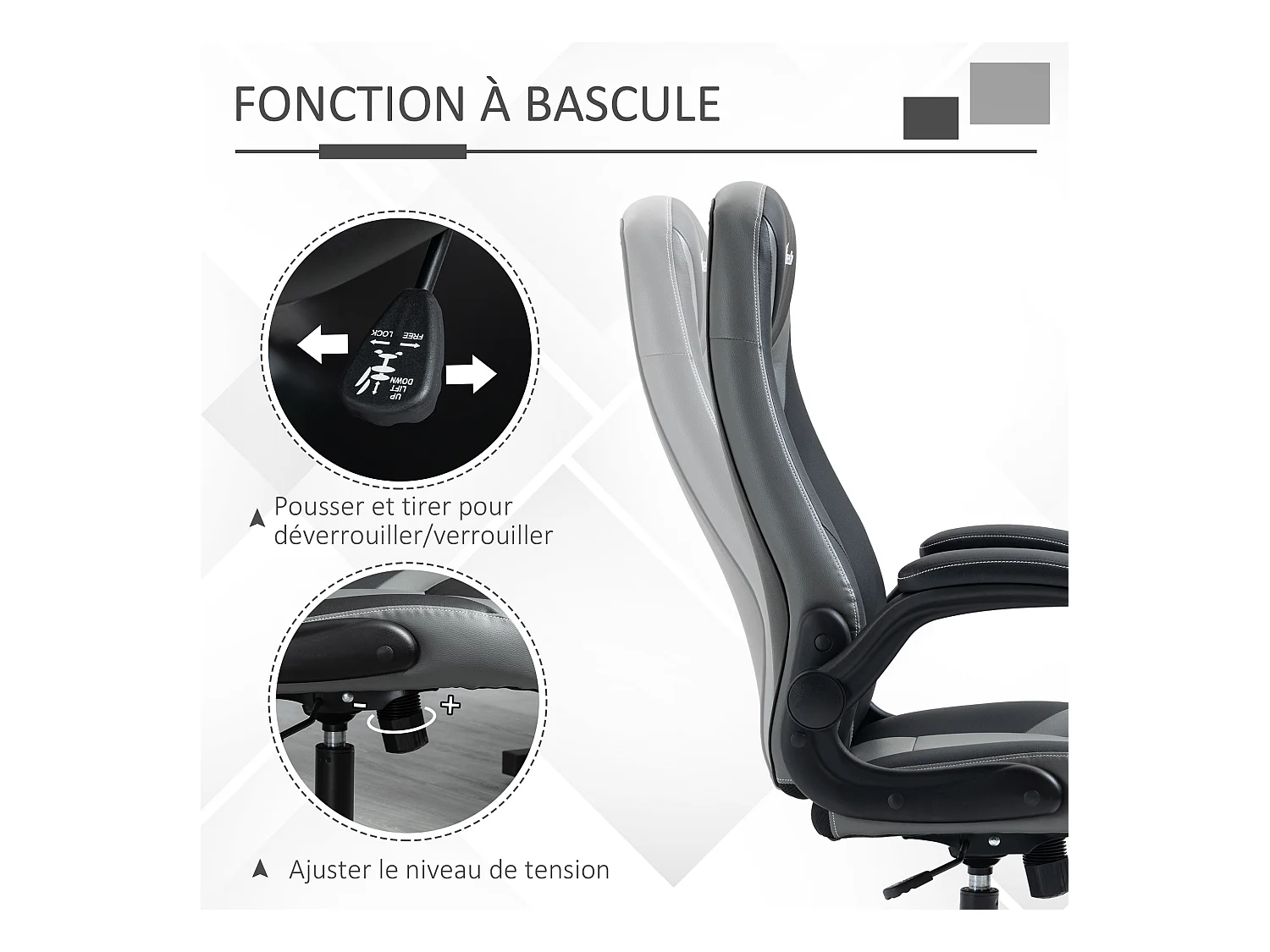 Fauteuil gaming base ronde métal pivotante 360° hauteur réglable fonction dossier bascule accoudoirs relevables PU gris noir