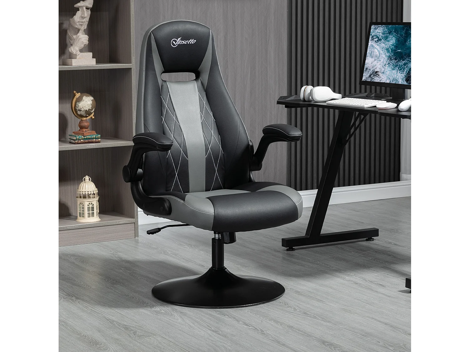 Fauteuil gaming base ronde métal pivotante 360° hauteur réglable fonction dossier bascule accoudoirs relevables PU gris noir