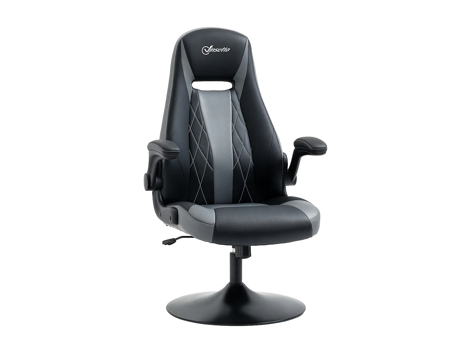 Fauteuil gaming base ronde métal pivotante 360° hauteur réglable fonction dossier bascule accoudoirs relevables PU gris noir