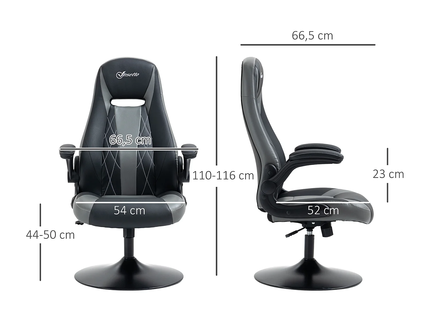 Fauteuil gaming base ronde métal pivotante 360° hauteur réglable fonction dossier bascule accoudoirs relevables PU gris noir