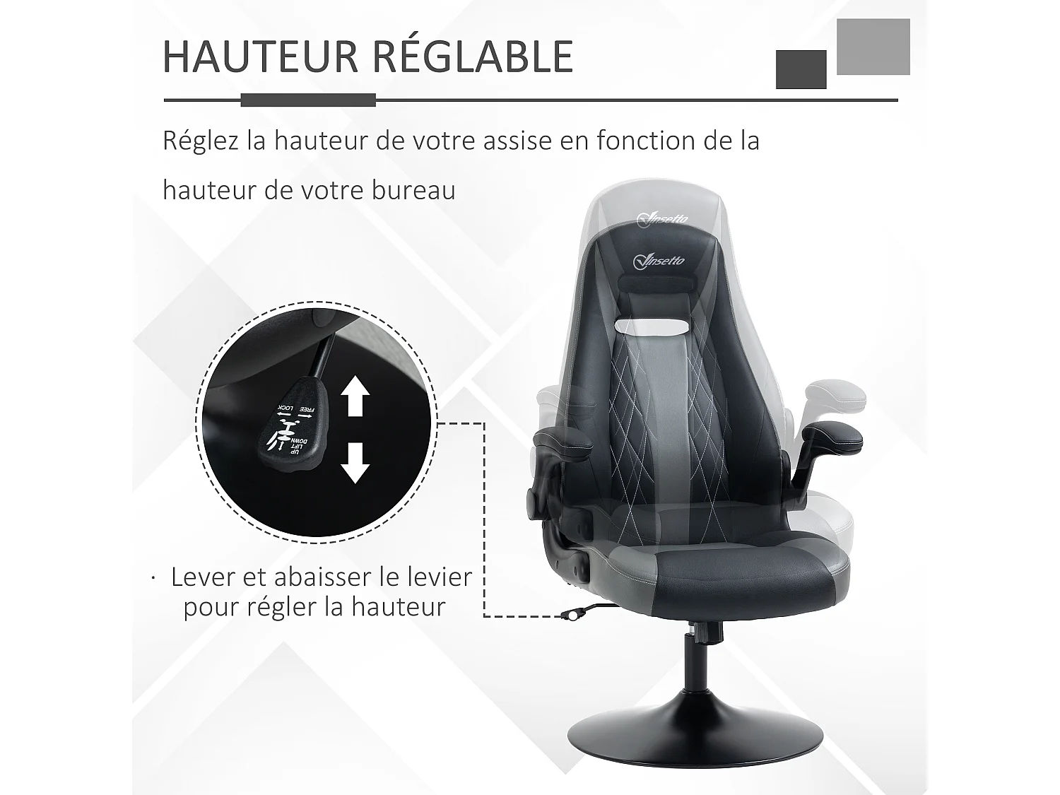 Fauteuil gaming base ronde métal pivotante 360° hauteur réglable fonction dossier bascule accoudoirs relevables PU gris noir