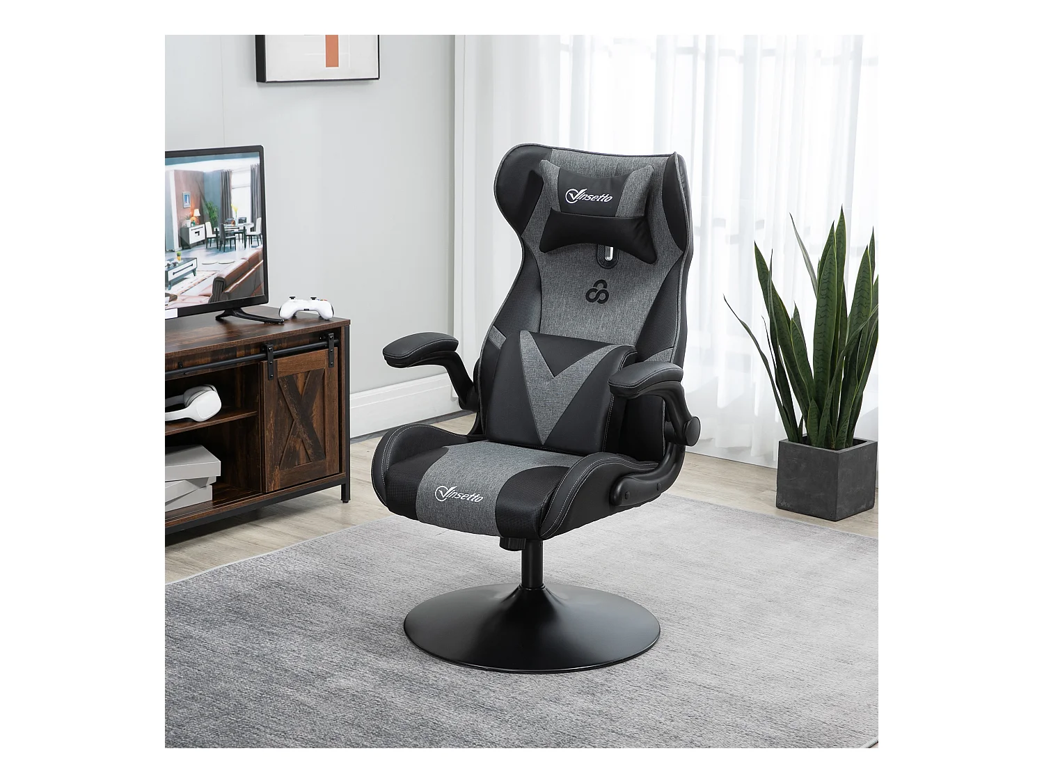 Fauteuil gaming base ronde métal pivotante 360° hauteur réglable tétière coussin lombaires accoudoirs relevables PU tissu gris noir