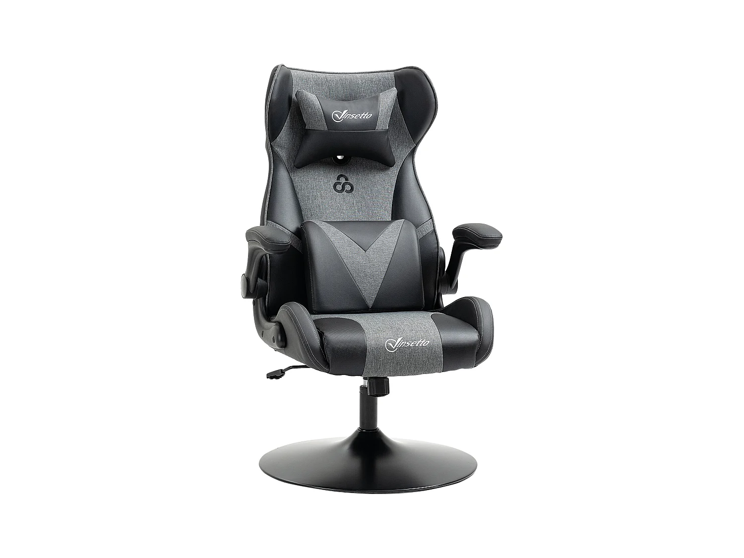 Fauteuil gaming base ronde métal pivotante 360° hauteur réglable tétière coussin lombaires accoudoirs relevables PU tissu gris noir