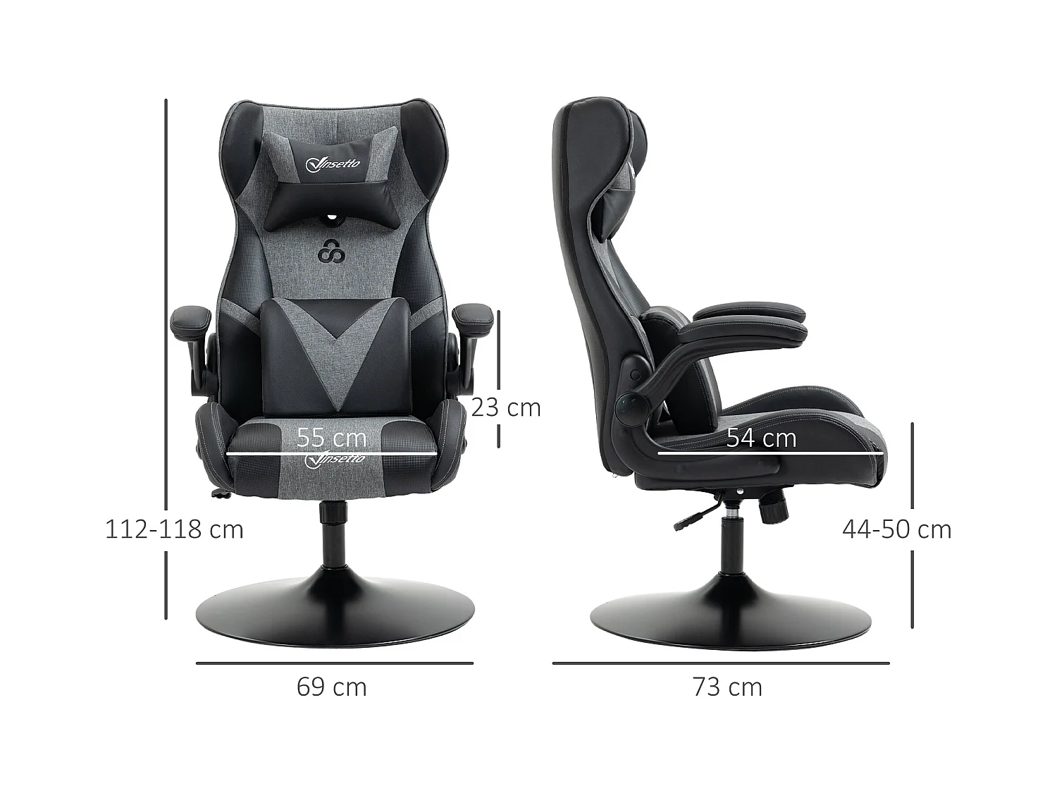 Fauteuil gaming base ronde métal pivotante 360° hauteur réglable tétière coussin lombaires accoudoirs relevables PU tissu gris noir