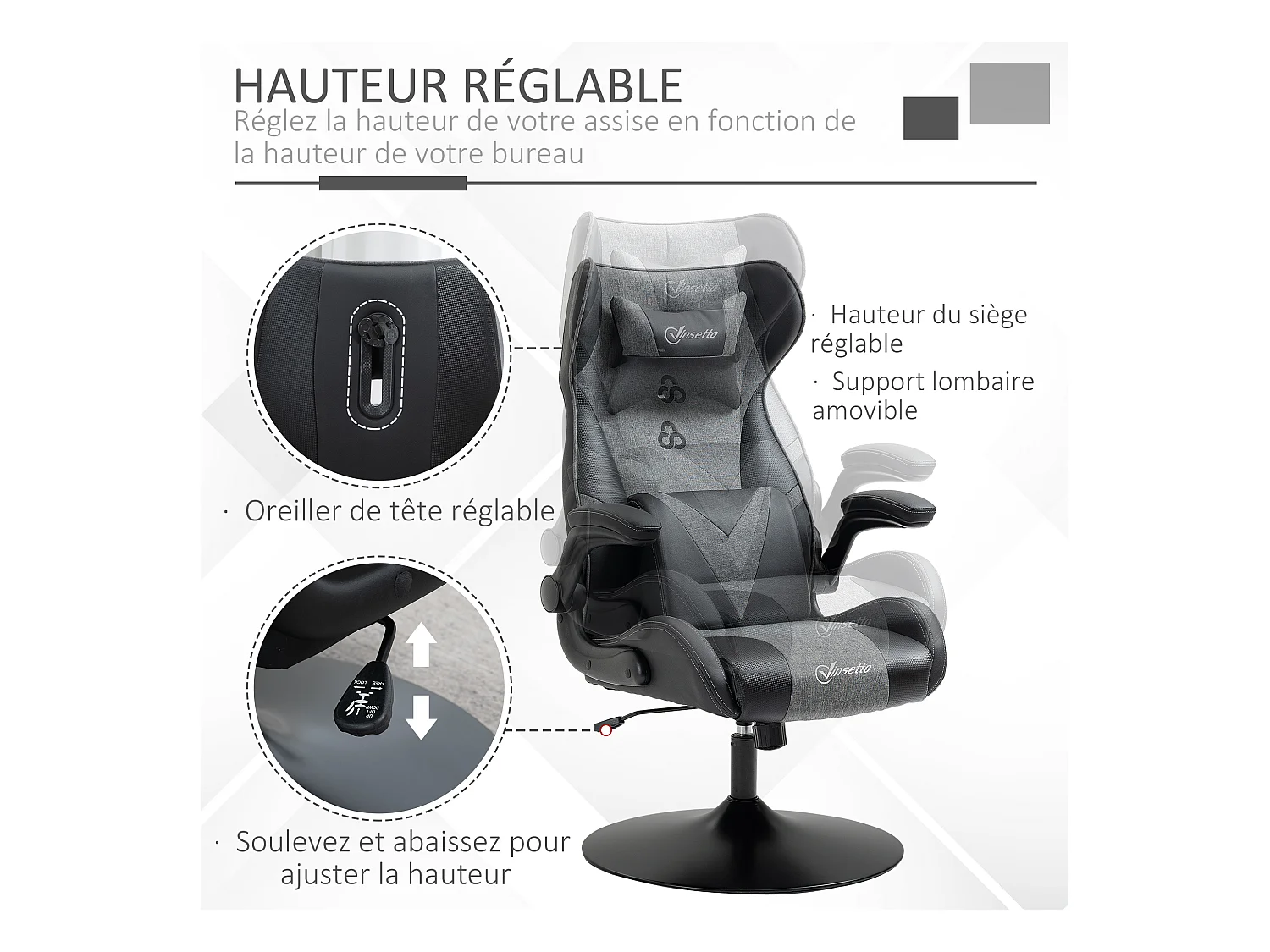 Fauteuil gaming base ronde métal pivotante 360° hauteur réglable tétière coussin lombaires accoudoirs relevables PU tissu gris noir