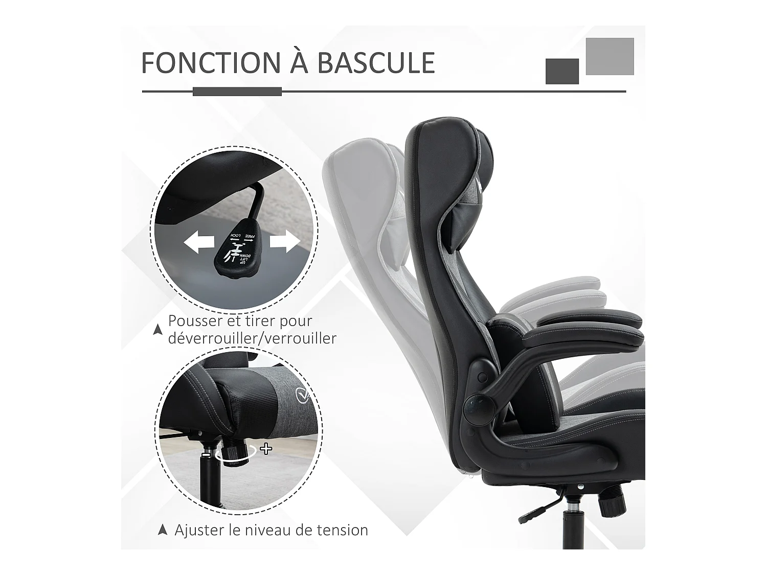Fauteuil gaming base ronde métal pivotante 360° hauteur réglable tétière coussin lombaires accoudoirs relevables PU tissu gris noir
