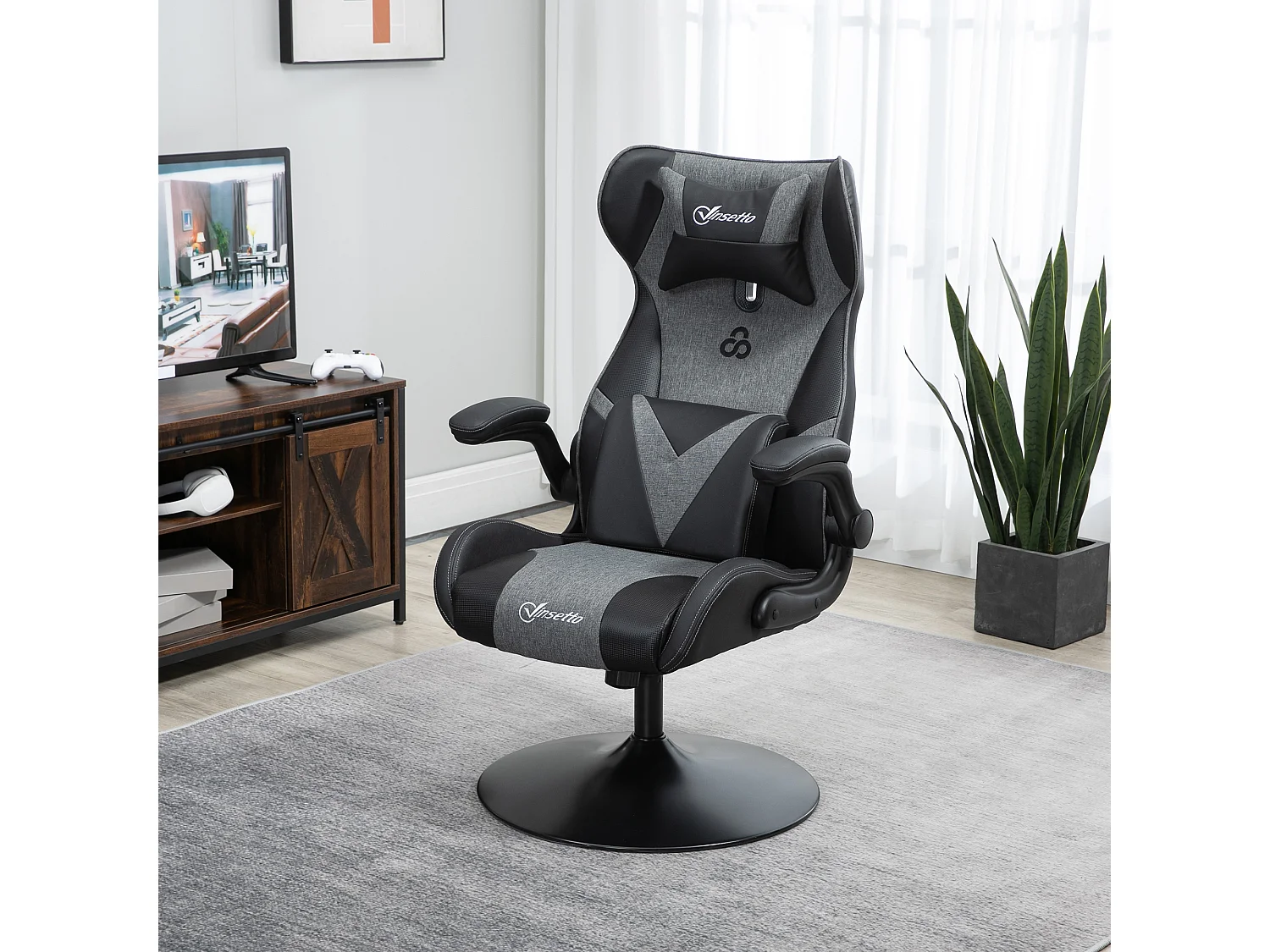 Fauteuil gaming base ronde métal pivotante 360° hauteur réglable tétière coussin lombaires accoudoirs relevables PU tissu gris noir