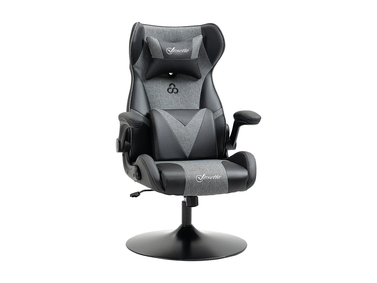 Fauteuil gaming base ronde métal pivotante 360° hauteur réglable tétière coussin lombaires accoudoirs relevables PU tissu gris noir