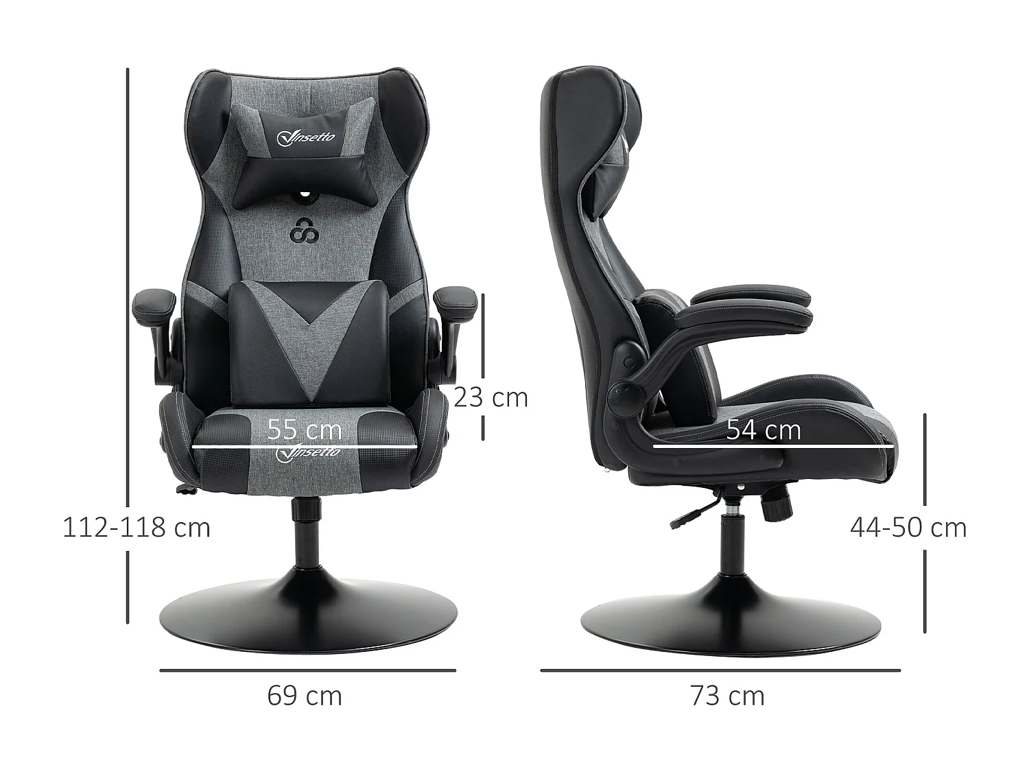 Fauteuil gaming base ronde métal pivotante 360° hauteur réglable tétière coussin lombaires accoudoirs relevables PU tissu gris noir