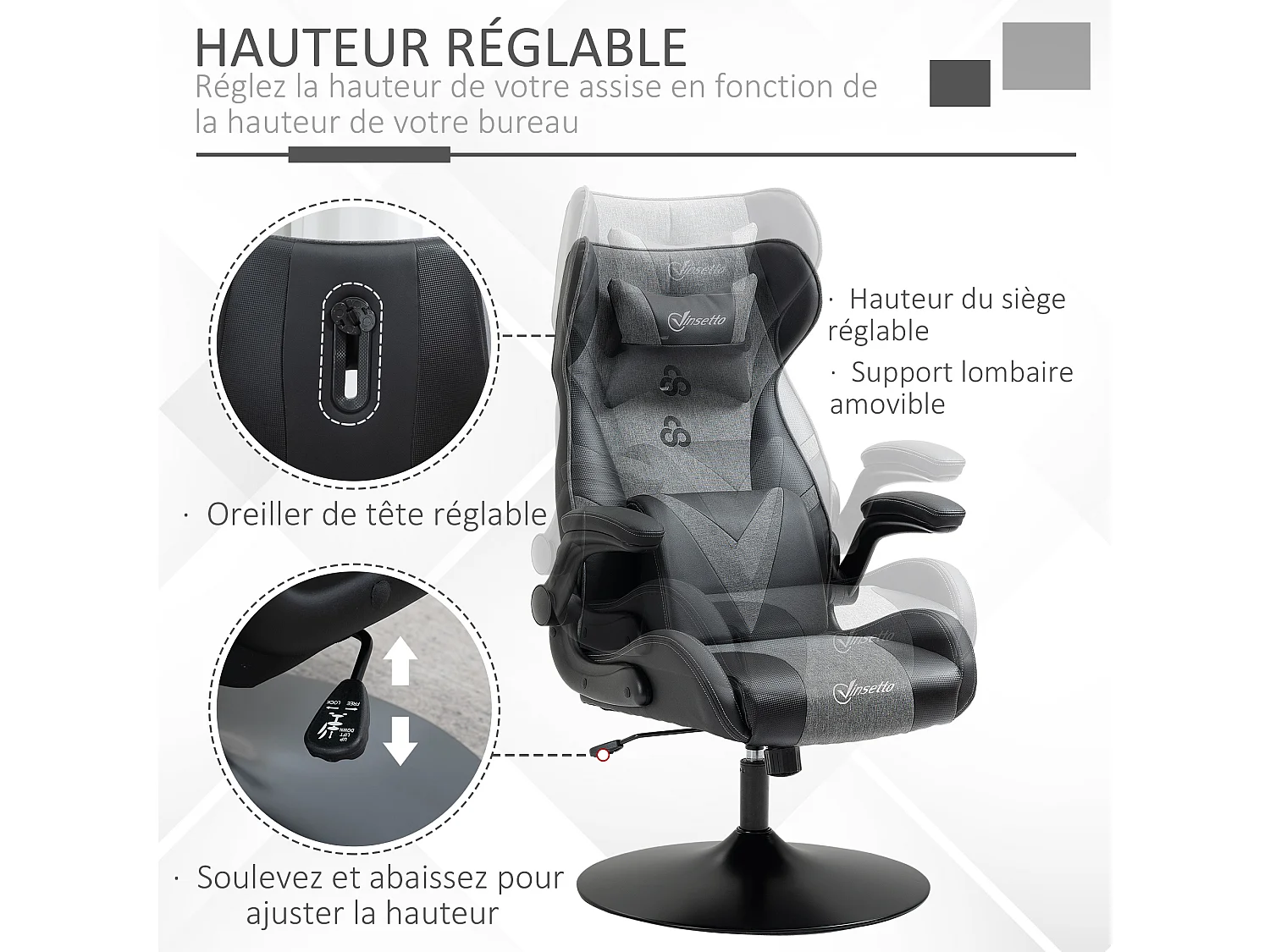 Fauteuil gaming base ronde métal pivotante 360° hauteur réglable tétière coussin lombaires accoudoirs relevables PU tissu gris noir