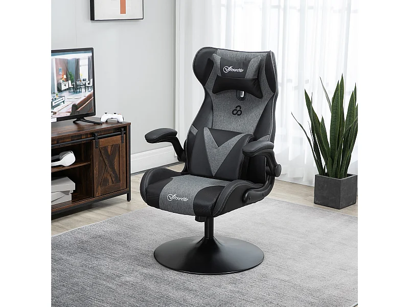 Fauteuil gaming base ronde métal pivotante 360° hauteur réglable tétière coussin lombaires accoudoirs relevables PU tissu gris noir