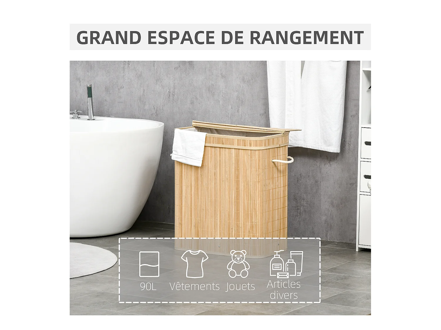 Panier à linge corbeille à linge bac à linge 100 L 2 compartiments couvercle sac amovible 2 poignées tissu bambou