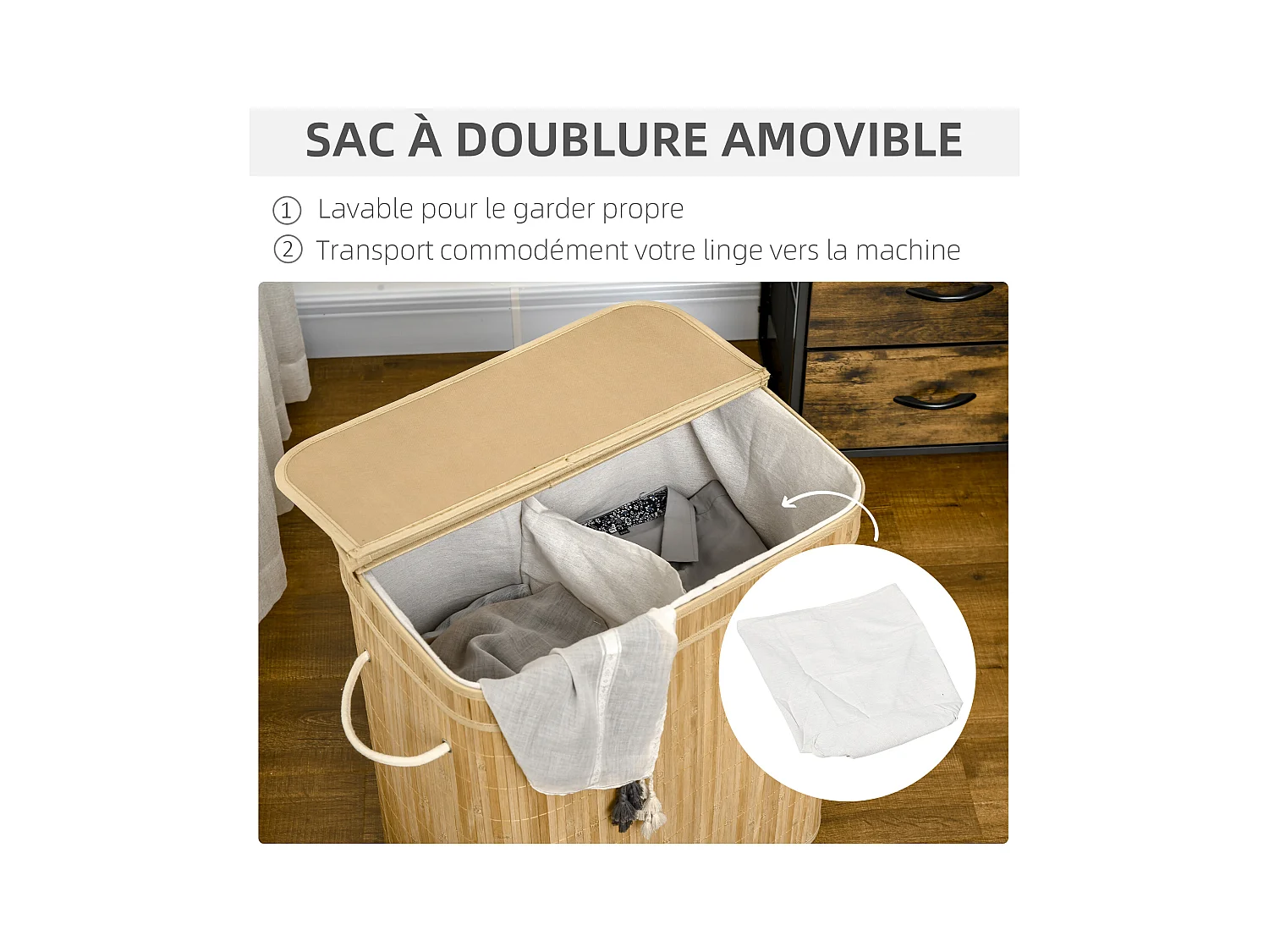 Panier à linge corbeille à linge bac à linge 100 L 2 compartiments couvercle sac amovible 2 poignées tissu bambou