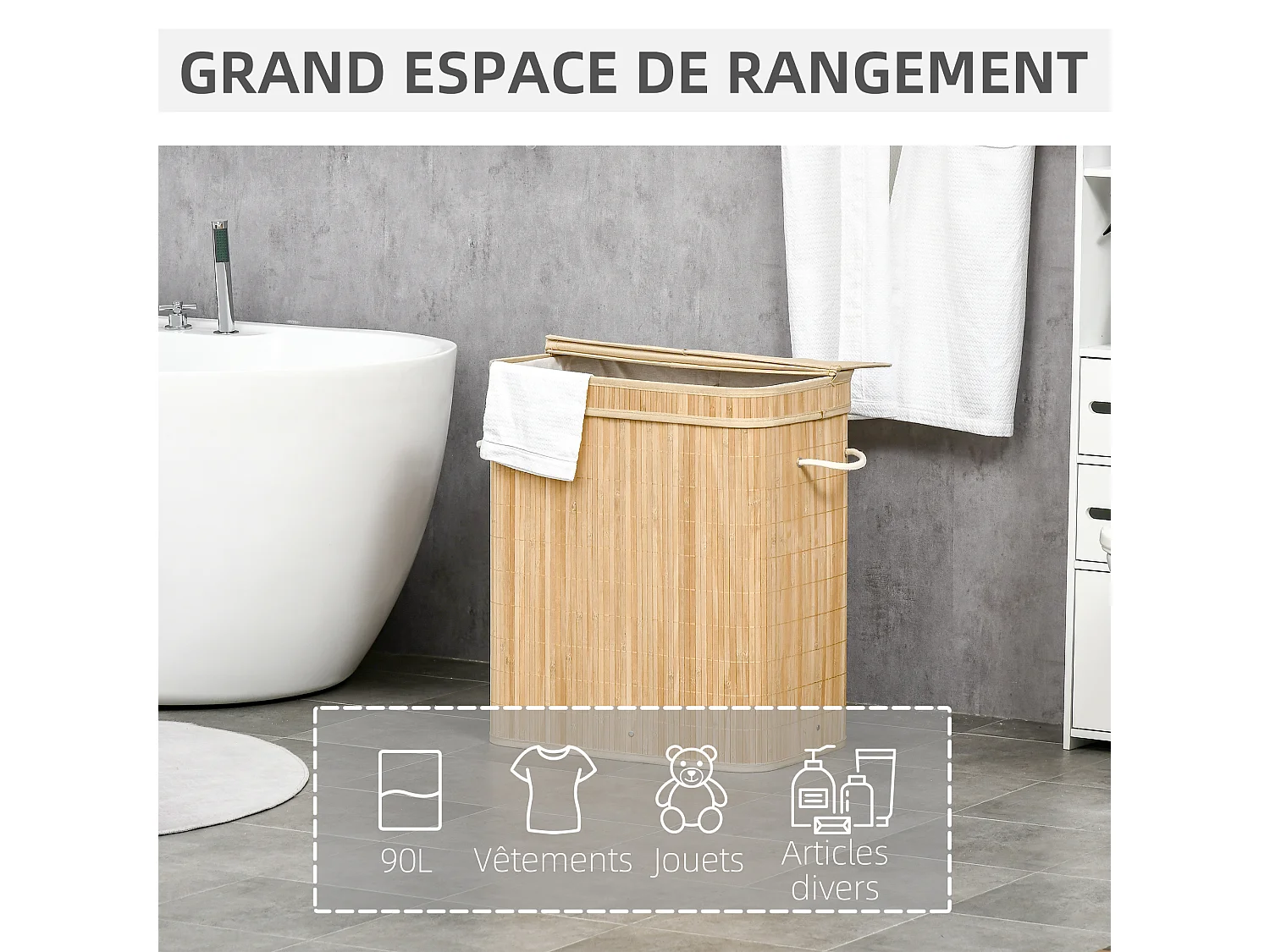 Panier à linge corbeille à linge bac à linge 100 L 2 compartiments couvercle sac amovible 2 poignées tissu bambou