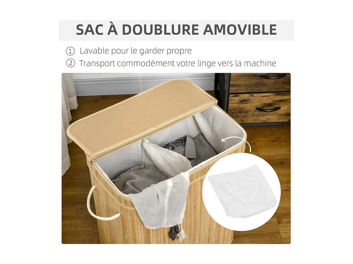 Panier à linge corbeille à linge bac à linge 100 L 2 compartiments couvercle sac amovible 2 poignées tissu bambou