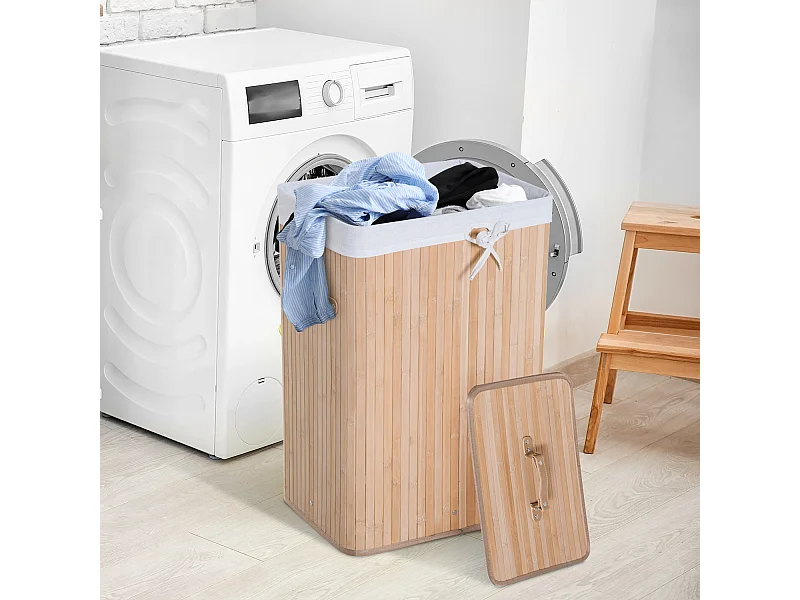 Panier à linge corbeille à linge bac à linge bambou pliable couvercle sac amovible 3 poignées PU 40L x 30l x 60H cm beige