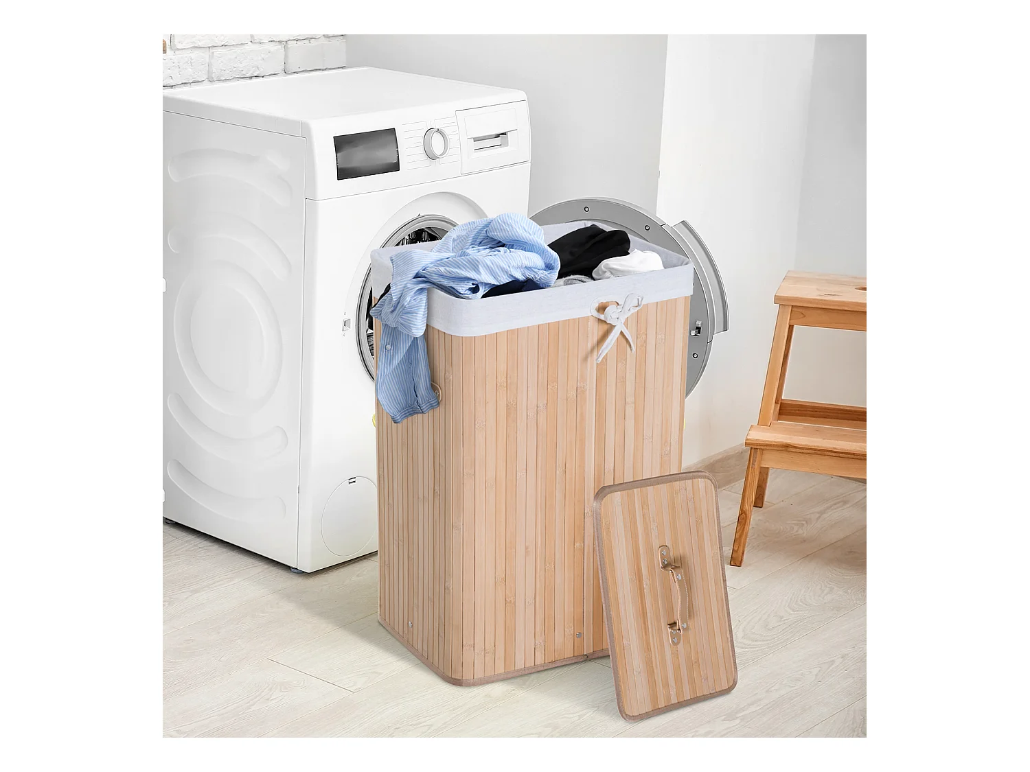 Panier à linge corbeille à linge bac à linge bambou pliable couvercle sac amovible 3 poignées PU 40L x 30l x 60H cm beige