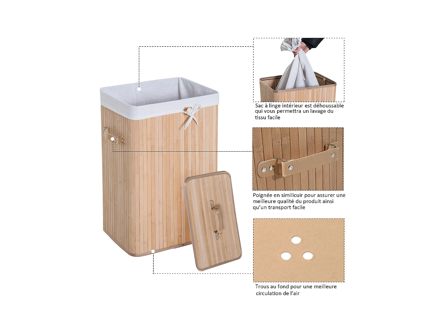 Panier à linge corbeille à linge bac à linge bambou pliable couvercle sac amovible 3 poignées PU 40L x 30l x 60H cm beige