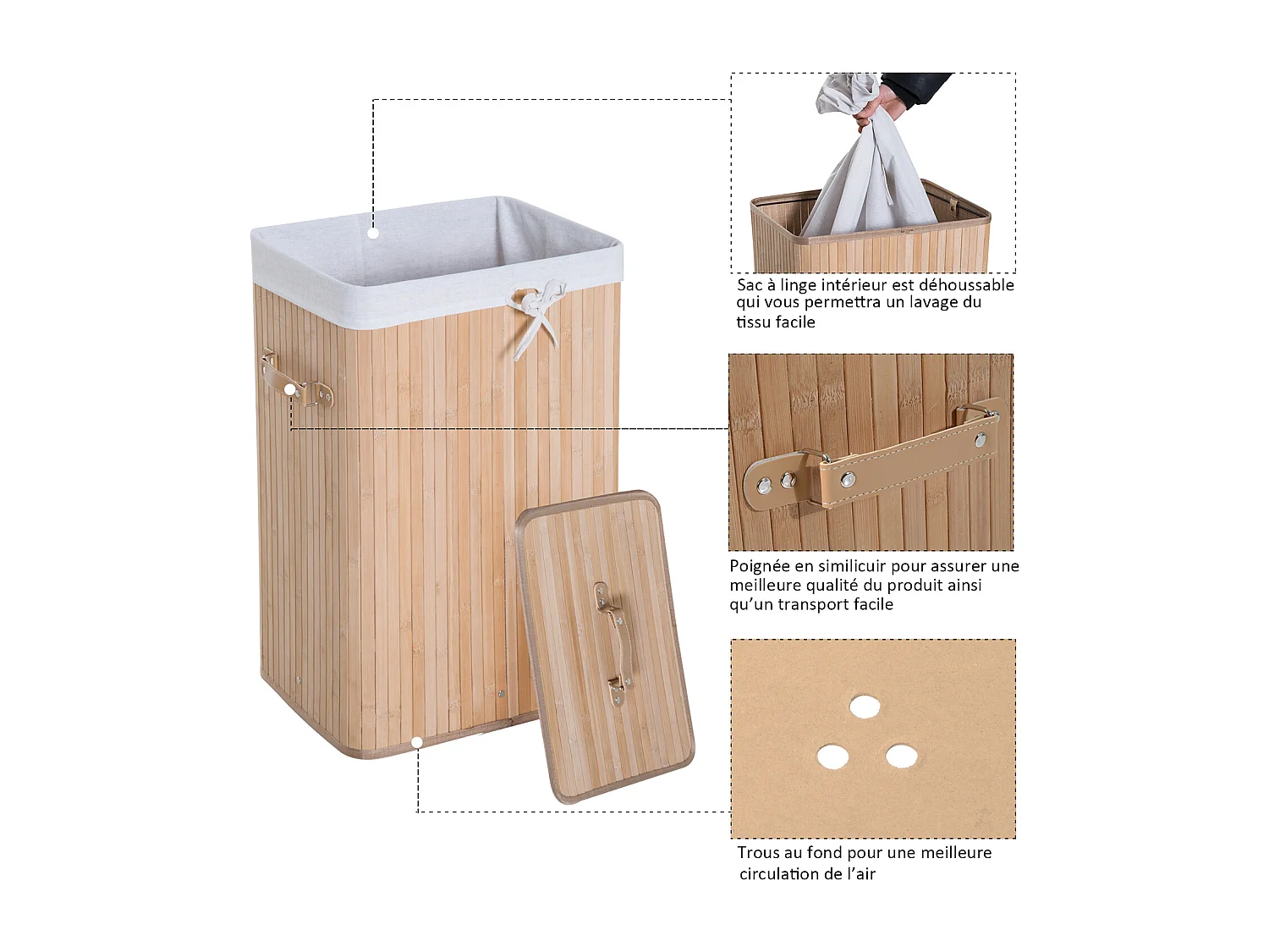 Panier à linge corbeille à linge bac à linge bambou pliable couvercle sac amovible 3 poignées PU 40L x 30l x 60H cm beige