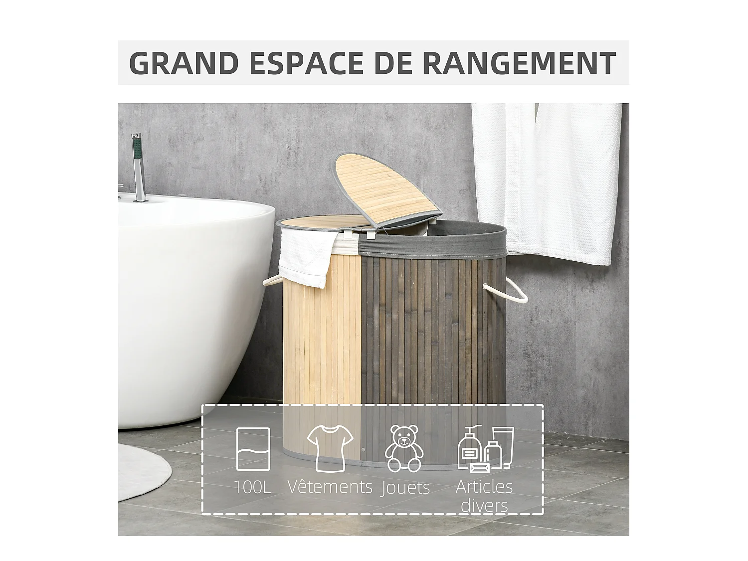 Panier à linge corbeille à linge bac à linge 100 L 2 compartiments couvercle sac amovible 2 poignées tissu bambou