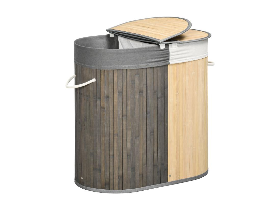 vente unique Panier à linge corbeille à linge bac à linge 100 L 2 compartiments couvercle sac amovible 2 poignées tissu bambou